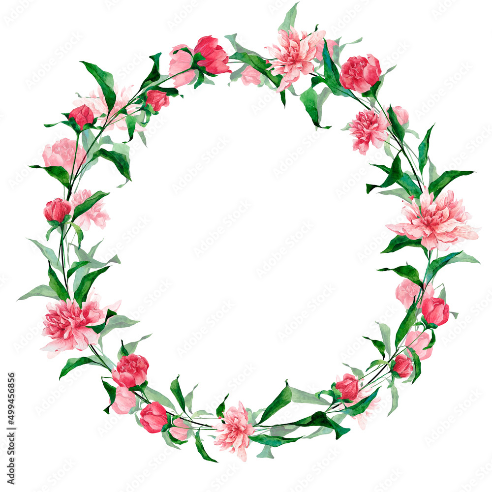 Hand-drawn watercolor floral wreath with bright pink peonies and leaves, buds. Illustration isolated on white background. Wreath for decoration of wedding invitations, cards, wrapping paper.
