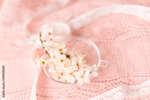 cherry blossoms in a small glass vase on a delicate pink knitted background