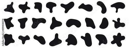 Black abstract shapes, organic blobs and blotch of irregular shape. Inkblot silhouettes, simple liquid splodge elements. Big vector set.