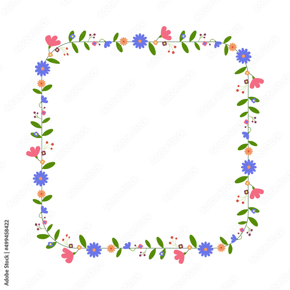 Square flower frame. Floral wreath. For Easter greeting card, wedding , birthday card, invitation. Vector illustration.
