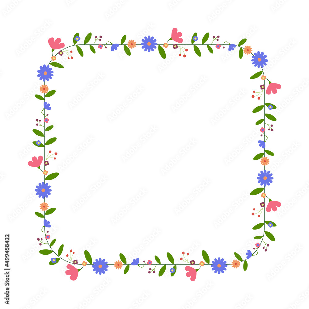 Square flower frame. Floral wreath. For Easter greeting card, wedding , birthday card, invitation. Vector illustration. Square flower frame. Floral wreath. For Easter greeting card, wedding , birthday card, invitation. Vector illustration.