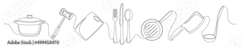 Set of continuous one line drawing of a kitchen elements. Cooking elements isolated on a white background. Vector illustration
