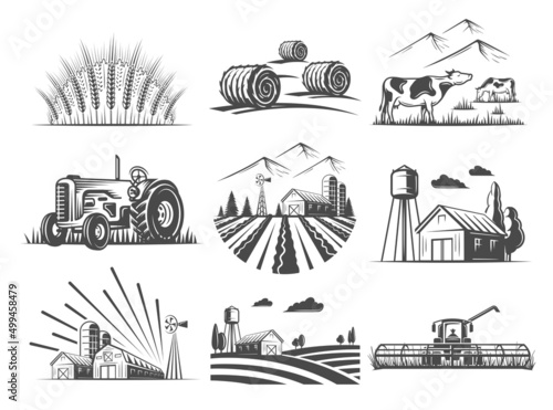 Set of farm market elements isolated on white background. Village and landscape agriculture images. Vector illustration