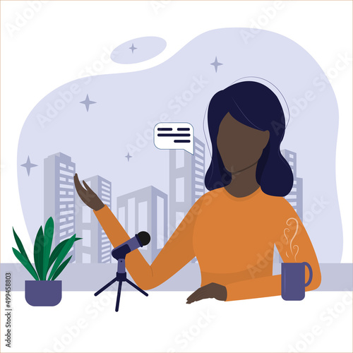 Black girl sits at table and speaks into microphone, recording podcast show. Female radio host. The podcaster makes the content. Broadcasting in social networks. Blogger's workplace. Vector 