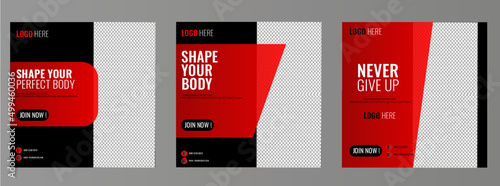 Fitness gym social media post and web banner template design with red-black accent. Set of web banner, flyer or poster for fitness gym conpany offer promotion.