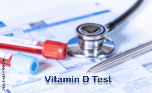 Vitamin D Test Testing Medical Concept. Checkup list medical tests with text and stethoscope