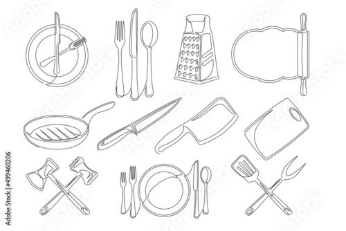 Set of continuous one line drawing of a kitchen elements. Cooking elements isolated on a white background. Vector illustration