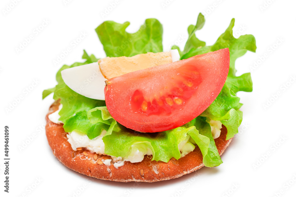 Crispy Cracker Sandwich with Tomato, Lettuce and Egg - Isolated on White. Easy Breakfast. Diet Food. Quick and Healthy Sandwiches. Crispbread with Tasty Filling - Isolation Crispy Cracker Sandwich with Tomato, Lettuce and Egg - Isolated on White. Easy Breakfast. Diet Food. Quick and Healthy Sandwiches. Crispbread with Tasty Filling - Isolation