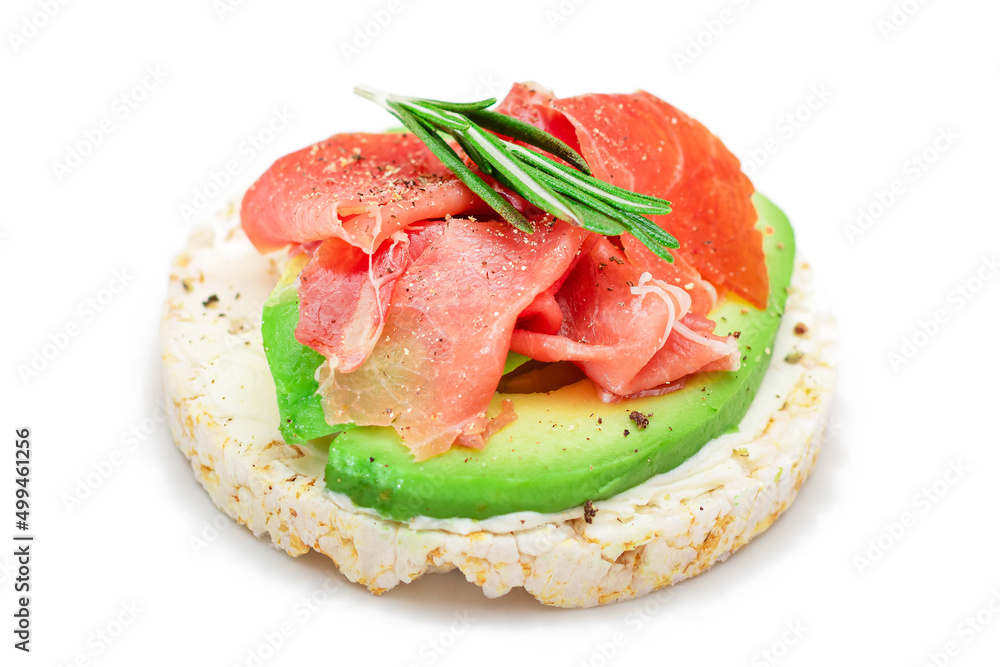 Rice Cake Sandwich with Fresh Avocado, Jamon and Rosemary - Isolated on White. Easy Breakfast. Diet Food. Quick and Healthy Sandwiches. Crispbread with Tasty Filling. Healthy Dietary Snack - Isolation