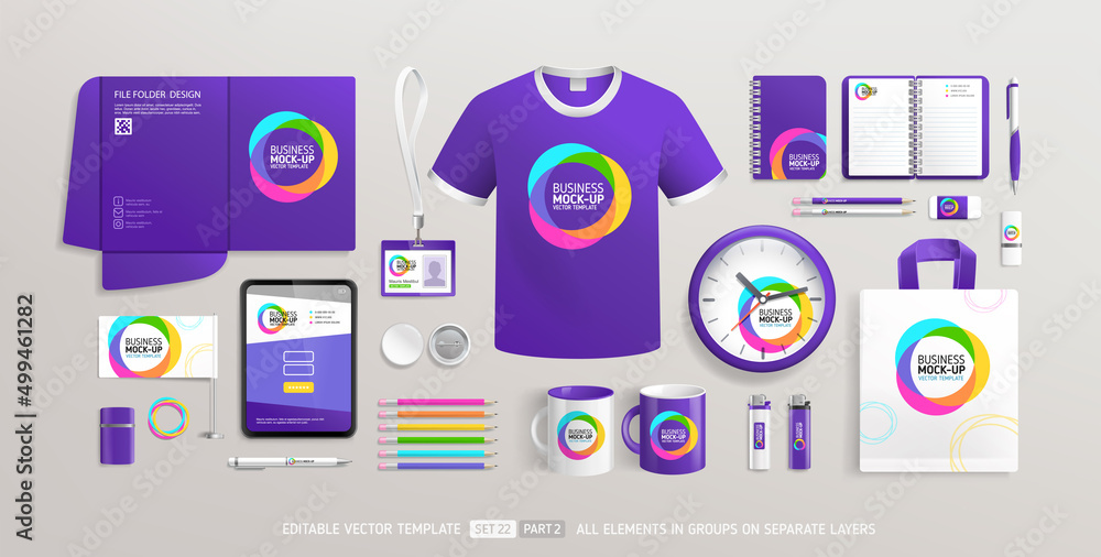 Business Corporate Brand Identity Mockup set with trendy abstract purple graphics design part 2. Office stationary items mockup set  - editable template. Company souvenirs corporate style design - obrazy, fototapety, plakaty 