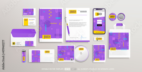 Business Stationery Brand Identity Mockup set with trendy abstract design part 1. Office stationary items mockup set  - editable template. Company corporate style design
