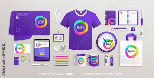 Business Corporate Brand Identity Mockup set with trendy abstract purple graphics design part 2. Office stationary items mockup set  - editable template. Company souvenirs corporate style design photo