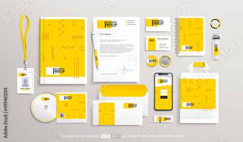 Business Stationery Brand Identity Mockup set with trendy abstract yellow graphics design part 1. Office stationary items mockup set  - editable template.. Company corporate style design