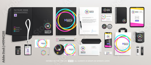 Business Stationery Brand Identity Mockup set with trendy abstract graphics design. Office stationary items mockup - editable template. Company corporate style design photo