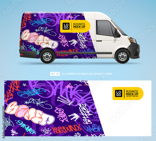 Editable Van Mock-up with Street art graffiti wrap design. Abstract Hip-Hop graffiti tags decal for livery branding design and corporate identity company. Decal design for services van and racing car
 photo