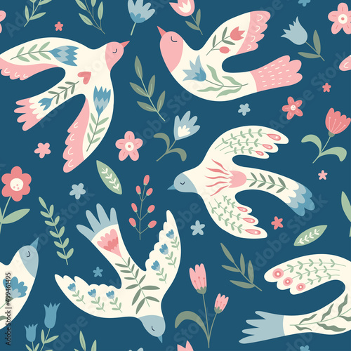 Vector seamless pattern with  birds, flowers, leaves, berries  in folklore style. Doves of peace. Doodle illustrations with stylized decorative floral elements. For textiles, clothing, bed linen.