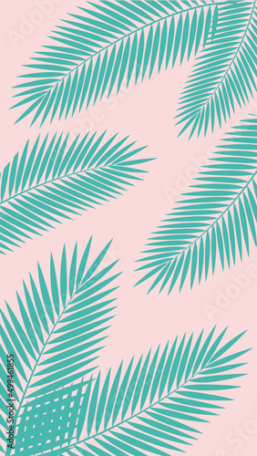 Thin green palm leaves on a pink background. Summer juicy banner. 