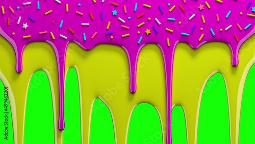 Pink and yellow paint with sprinkles drips on green screen background. Liquid flowing down the surface in streams, melting drops forming streaks. 3D animation with chroma key.