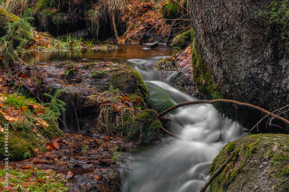 Cerveny creek with Cerveny waterfall in Jizerske mountains in spring morning Cerveny creek with Cerveny waterfall in Jizerske mountains in spring morning