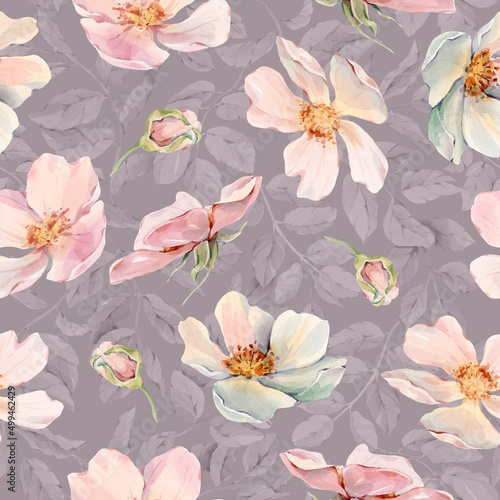 Seamless pattern of delicate flowers and buds in shades of pink with monochrome twigs on the background. Painted by hand in watercolor. Preferred for fabric  wallpaper  wedding printing  postcards