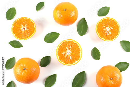 Flat lay decoration of fresh Orange slice fruits isolated over white background shoot photography in High angle view.