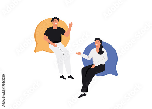 Internet communication and chatting concept. Young smiling girls friends in speech bubbles greeting each other online.