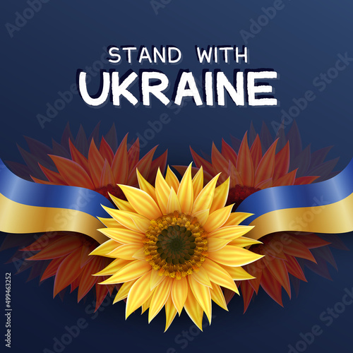 Support Ukraine banner with flag of Ukraine and sunflowers as a national symbol of Ukraine. Stand with Ukraine concept