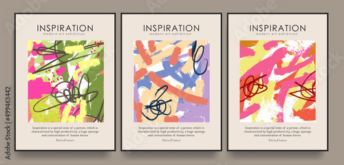 Collection of abstract posters with bristle brush strokes. Vector modern graphics. For print, wall decor and posters