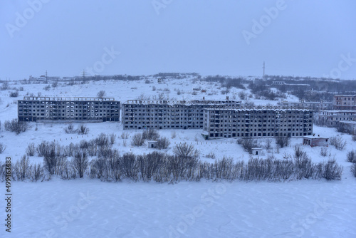 Abandoned district of Vorkuta, empty houses in winter