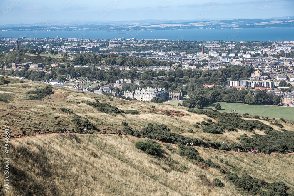 Scotland, Edinburgh.  Holyrood park and ancient volcano. Beautiful panoramic view City of Edinburgh  from the mountain