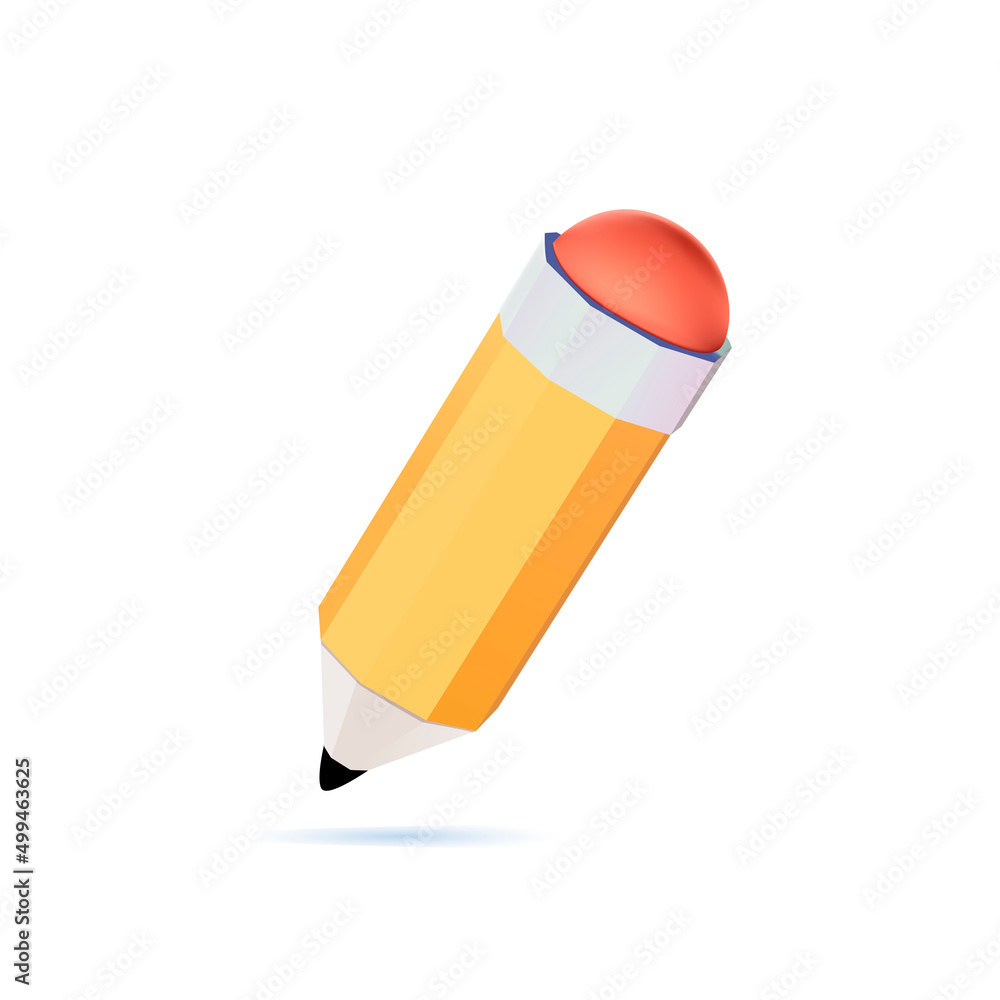 Yellow 3d pencil. Volumetric wooden object for writing and drawing. Embedded pink eraser for deleting errors. Stationery Yellow 3d pencil. Volumetric wooden object for writing and drawing. Embedded pink eraser for deleting errors. Stationery