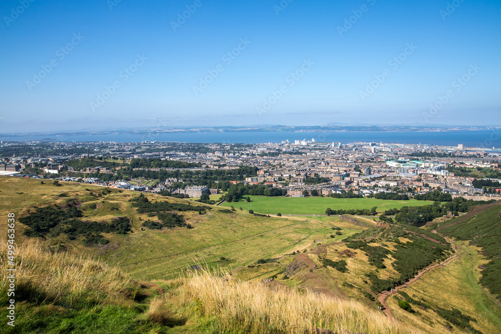 Scotland, Edinburgh.  Holyrood park and ancient volcano. Beautiful panoramic view City of Edinburgh  from the mountain