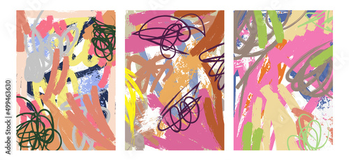 Collection of abstract posters with bristle brush strokes. Vector modern graphics. For print, wall decor and posters