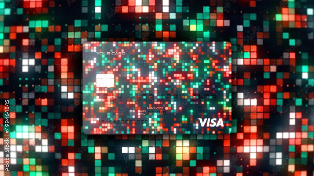 Money, finance, payments concept, 3D animation with new visa credit cards. Motion. Presentation of a new colorful pixelated design of credit cards on a moving mosaic background.