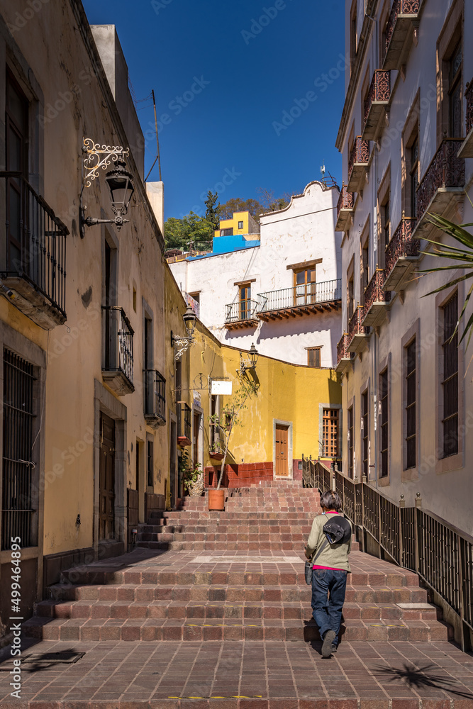A narrow street in the historic city of Guanajuato, Mexico