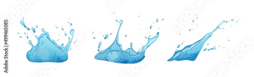 Blue water splashes cartoon vector illustration. Nature clear aqua background
