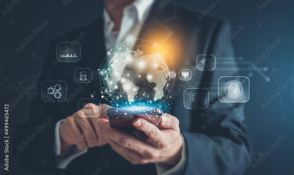 Fototapeta premium Businessman hand touching futuristic intelligence digital global online internet network communication. metaverse technology concept