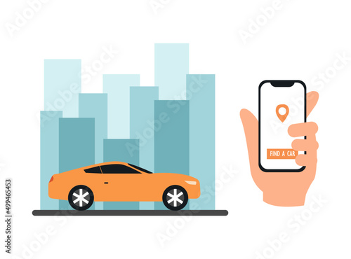 Vector illustration of autonomous online car sharing service controlled via smartphone app