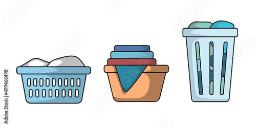 A set of plastic laundry baskets on a white background in a flat style. Vector image.