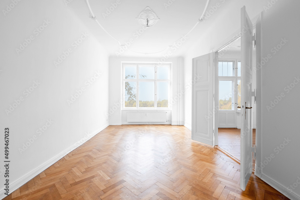 Fototapeta premium new flat, empty apartment room with wooden parquet floor