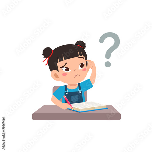 little kid reading book and feel confused
