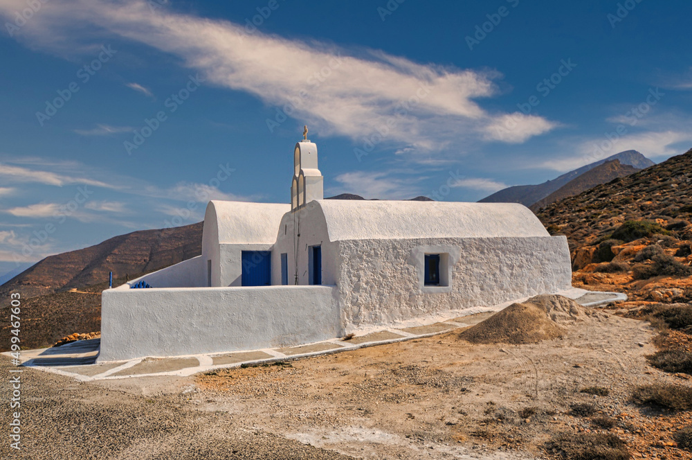 White blue church in Anafi island