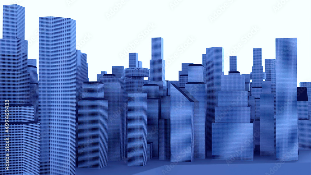 Layout of city with skyscrapers. Design. Virtual 3D city with high-rise buildings. 3D color model of city with skyscrapers is displayed on white background