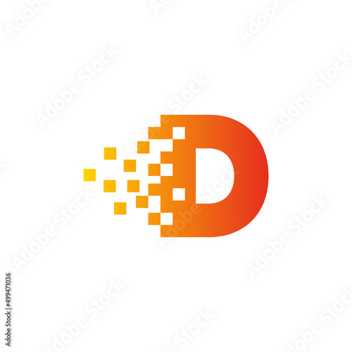 Colorful letter D fast pixel dot logo. Pixel art with the letter D. Integrative pixel movement. Creative scattered technology icon. Modern icon creative ports. Vector logo design.