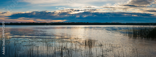 Fototapeta Naklejka Na Ścianę i Meble -  The nature of Belarus, a serene summer morning, a bright dawn on Lake Selyava