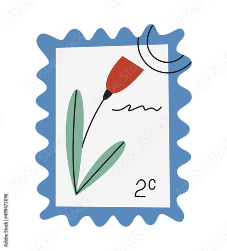 Hand drawn cute cartoon illustration postage stamp with flower. Flat vector mail sticker in simple colored doodle style. Post, correspondence, icon or print. Isolated on white background.