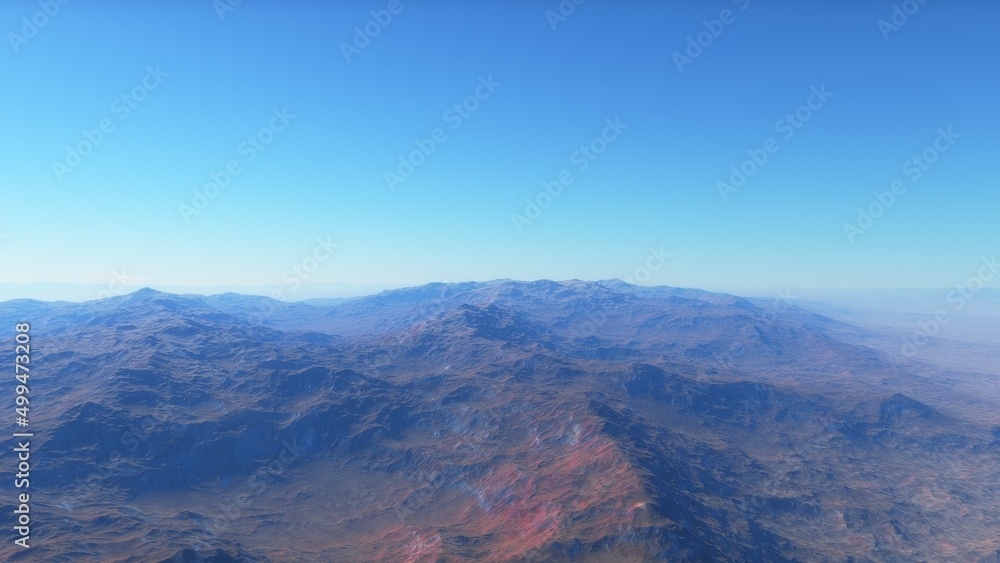 Exoplanet fantastic landscape. Beautiful views of the mountains and sky with unexplored planets