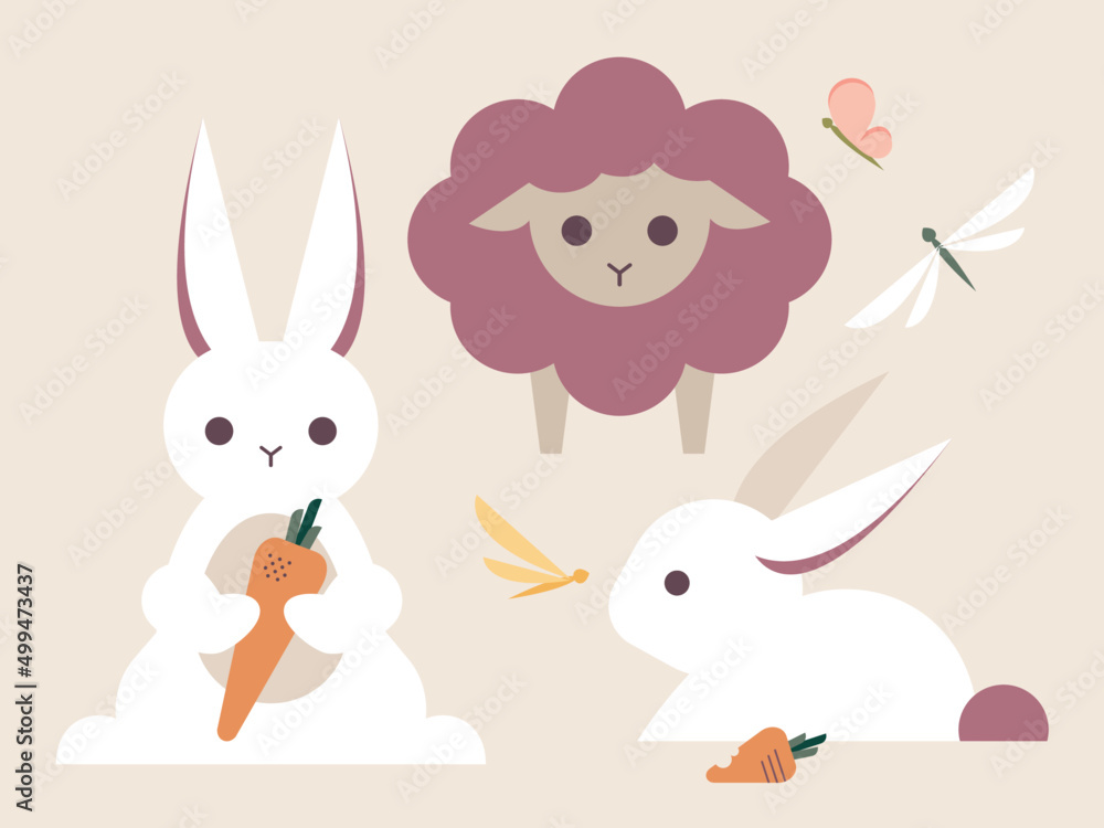 Cute White Bunnies, Lamb, Butterflies and Dragonfly Vector Illustration set Cute White Bunnies, Lamb, Butterflies and Dragonfly Vector Illustration set
