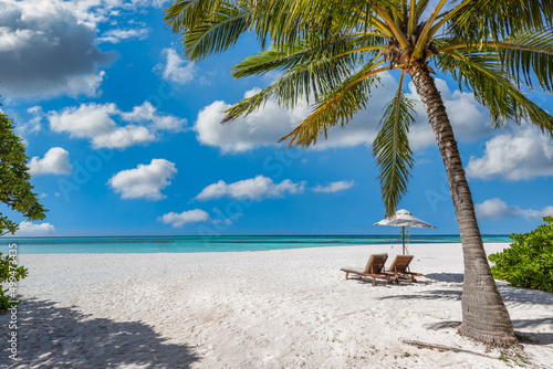 Beautiful tropical island nature, two sun beds, loungers, umbrella under palm tree leaves. White sand, sea view horizon, idyllic blue sky, calm relax vacation. Amazing beach resort, coast landscape