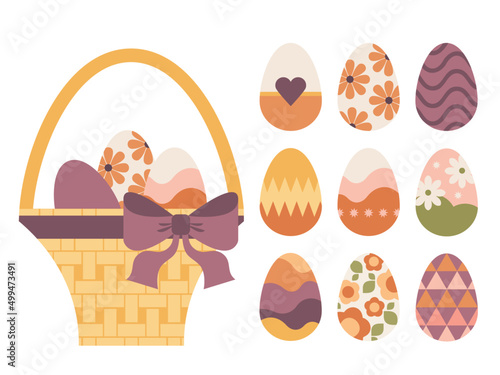 Decorated Easter Eggs in a Wicker Woven Basket with Bow for Spring Vector Illustration with Patterns